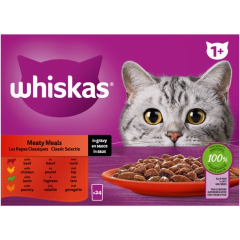 2x Whiskas 1+ Classic Selectie in Saus Maaltijdzakjes Multipack 24 x 85 gr