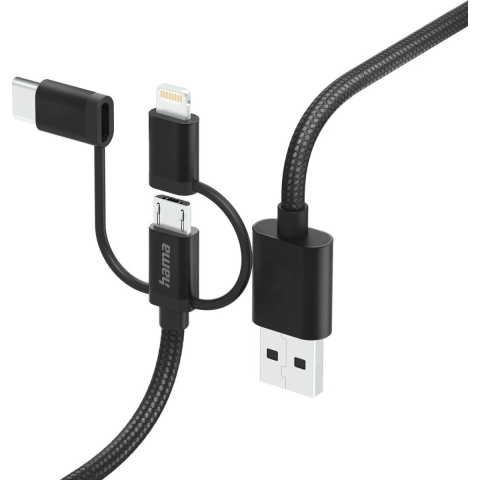 Hama 3in1 Multi-oplaadkabel USB-A - Micro-USB USB-C En Lightning 1,5 M Zwart