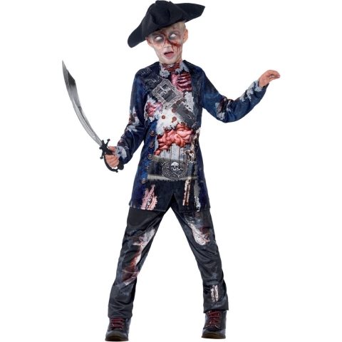 Halloween Zombie piraat verkleedkleding kostuum - voor jongens - met hoed 130-143 (7-9 jaar) -