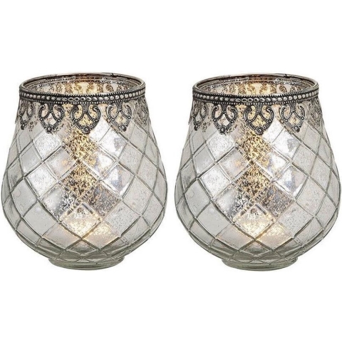 Waxinelichthouder/theelichthouder gerookt glas met metalen rand - 2x - zilver - 14 x 13 cm -