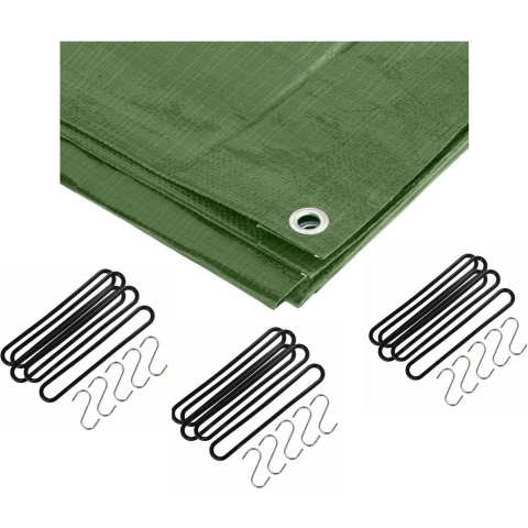 Afdekzeil / dekzeil groen 4 x 5 meter met 15x spanrubbers en S-haken -