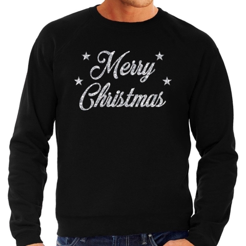 Kersttrui Merry Christmas zilveren glitter letters zwart heren XL (54) -
