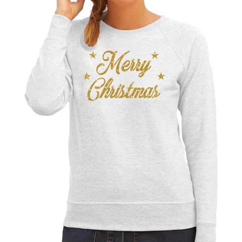Kersttrui Merry Christmas gouden glitter letters grijs dames S (36) -