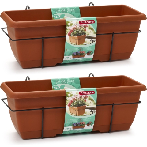 3x Balkon plantenbakken/bloembakken terracotta 50 cm met hanger -