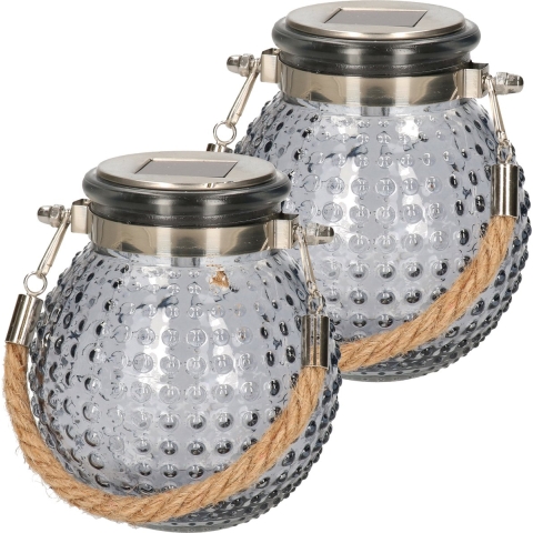 Solar lantaarn glas - 2x - grijs - bubbel structuur - 10 x 12 cm -