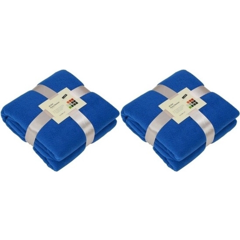 2x Fleece dekens/plaids kobaltblauw 130 x 170 cm -