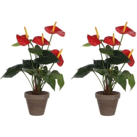 2x Kunstplanten Anthurium rood in grijze pot 40 cm -
