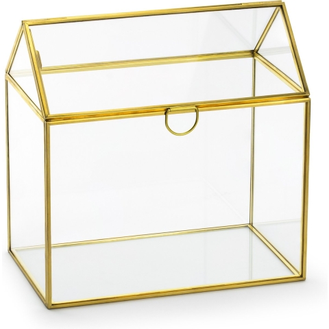 Enveloppendoos goud huisje - bruiloft - goud - glas/metaal - 13 x 21 cm -