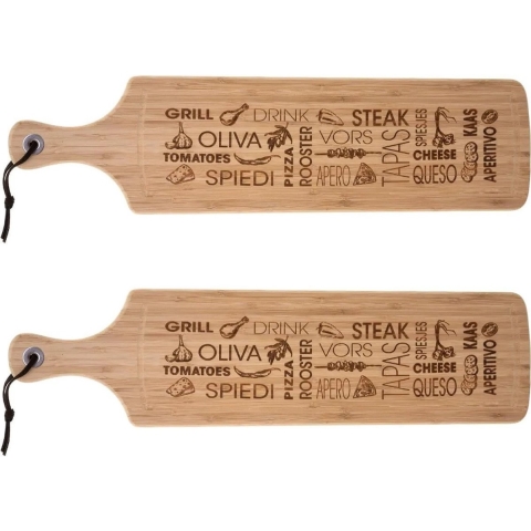 2x Stuks tapas serveerplank met handvat rechthoek 59 x 15 cm van bamboe hout -