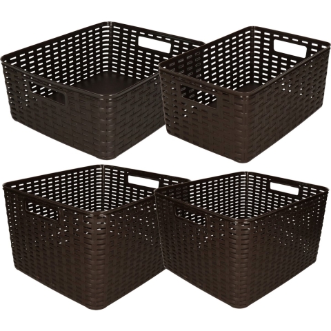 Set van 4x stuks opbergboxen/opbergmandjes rotan donkerbruin kunststof -
