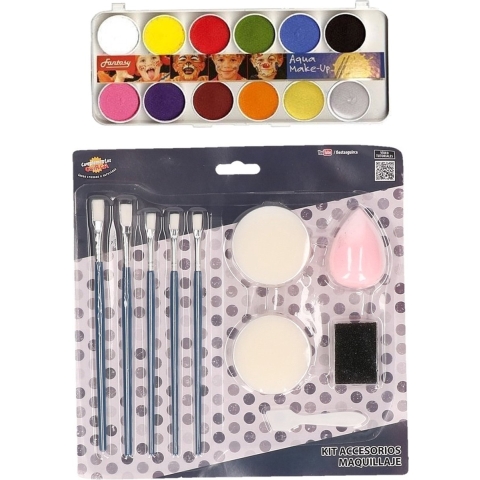 Faram Party kinder schminken set 12-kleuren basic met grimeer gereedschap 10-delig -