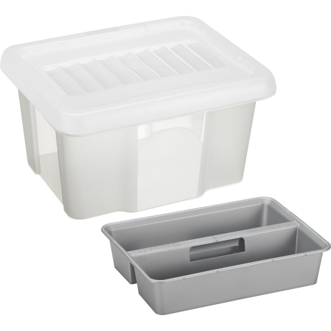 Sunware 2x opslagbox kunststof 24 liter transparant 42 x 33 x 22 cm met deksel en organiser tray -