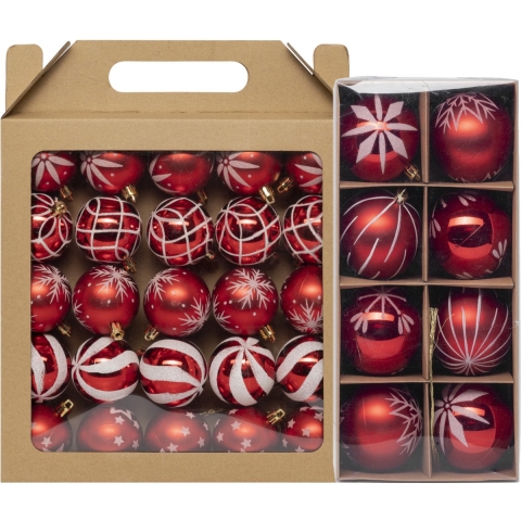 Kerstballen - 33x st - rood - met wit gedecoreerd - 6 en 8 cm - kunststof -
