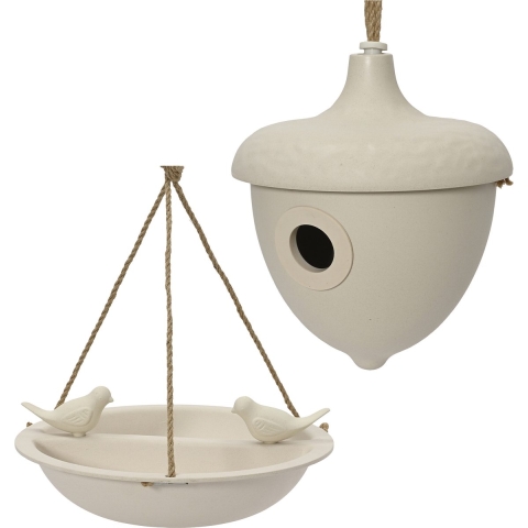 Vogelhuisje en voederschaal/vogelbadje - wit - bamboe - nestkastje -
