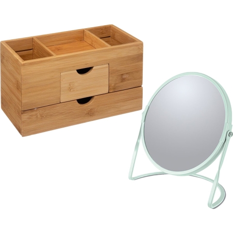 Make-up organizer en spiegel set - lades/vakjes - bamboe/metaal - 5x zoom spiegel -