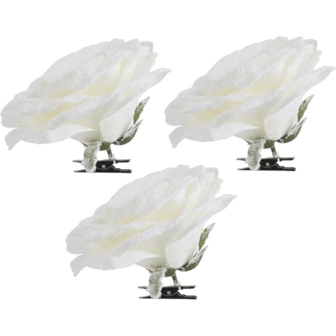 6x Kerstboomversiering bloemen op clip witte besneeuwde roos 15 cm -