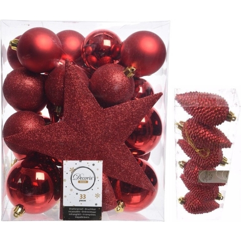 Kerstversiering kunststof kerstballen met piek rood 5-6-8 cm pakket van 39x stuks -