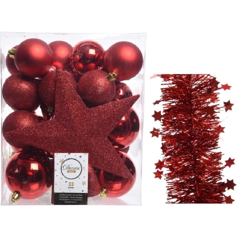 Kerstversiering kerstballen 5-6-8 cm met ster piek en sterren slingers pakket rood van 35x stuks -