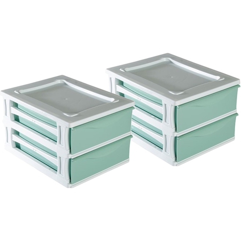 Ladeblokje/bureau organizer 2x grote lades - wit/mintgroen - L26 x B35 x H20 cm - kunststof -