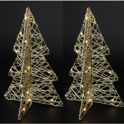 Lichtboompjes/kerstbomen 3D - 2x - H31 cm - goud - metaal - 20 leds warm wit -verlichte figuren -