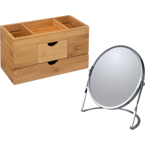 Make-up organizer en spiegel set - lades/vakjes - bamboe/metaal - 5x zoom spiegel -