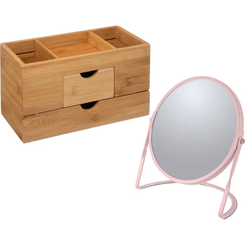 Make-up organizer en spiegel set - lades/vakjes - bamboe/metaal - 5x zoom spiegel -