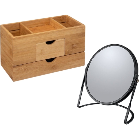 Make-up organizer en spiegel set - lades/vakjes - bamboe/metaal - 5x zoom spiegel -