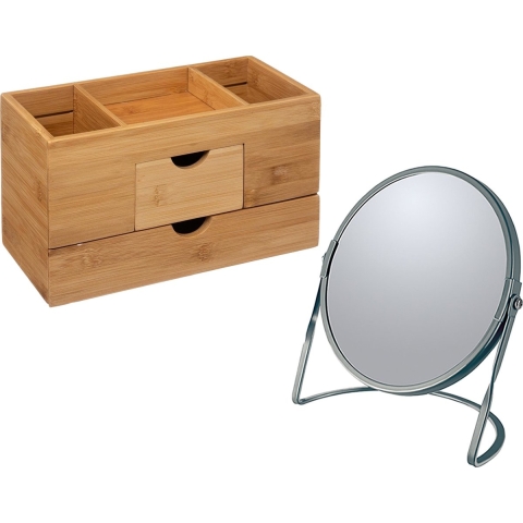 Make-up organizer en spiegel set - lades/vakjes - bamboe/metaal - 5x zoom spiegel -