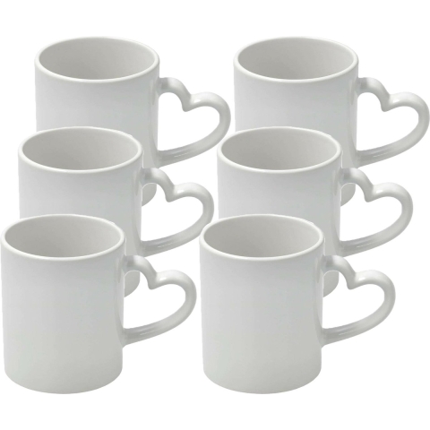 Koffiemok met handvat in hartvorm - 6x - wit - keramiek - 300 ml -