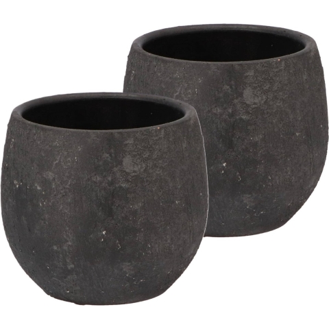 DK Design Bloempot rond model Maya - 2x - verweerd zwart - D14 x H16 cm - rustiek -