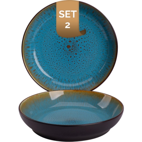 Palmer Bord diep Lotus 21 cm Turquoise Zwart Stoneware 2 stuks