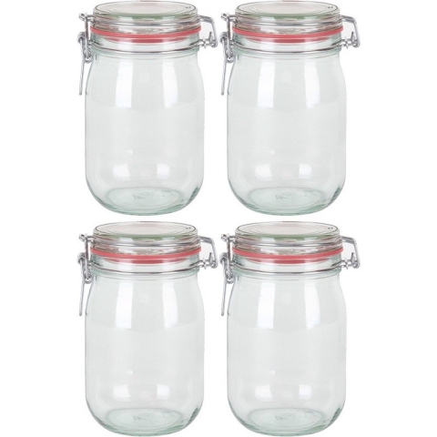Weckpot/inmaakpot - 4x - glas - 1000 ml - met beugelsluiting - transparant -