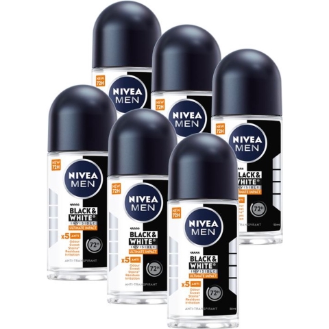 6x Nivea Men Deodorant Roller Black&White Ultimate Impact 50 ml