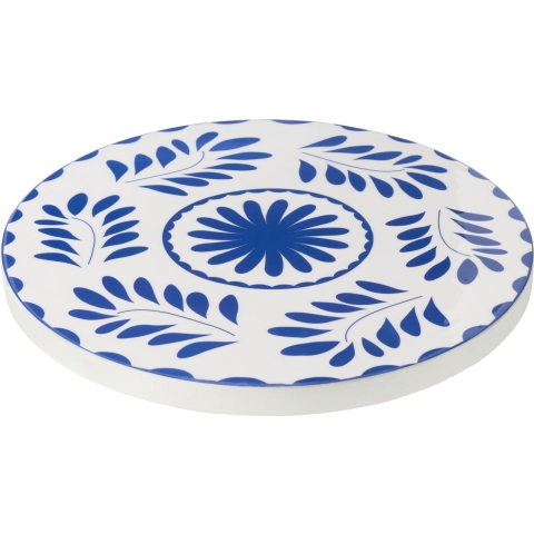 J-Line Dienblad Rond Bloemen Mangohout Blauw|Wit