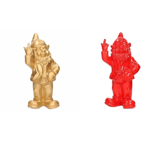 2x Tuinkabouters goud/rood middelvinger 30 cm -