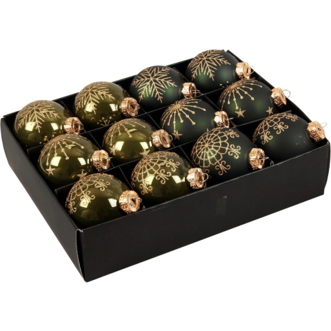 Luxe kerstballen - gedecoreerd - 12x st - donkergroen - D7,5 cm - glas - kerstversiering -