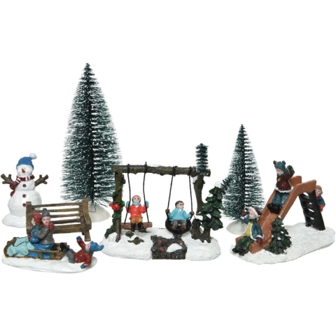 Kerstdorp accessoires - 7-delig - figuurtjes/poppetjes en kerstboompje - polyresin - beeldjes -