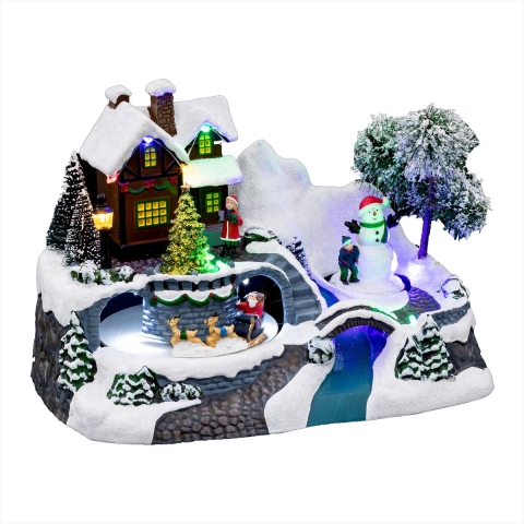 Kerstdorp kerst tafereel - geanimeerde kerstman slee - met led verlichting - 24 cm -