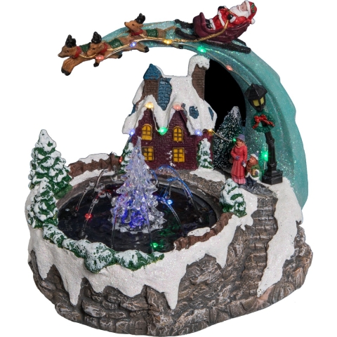 Kerstdorp kerst tafereel - fontein en slee - met led verlichting - 25 cm -