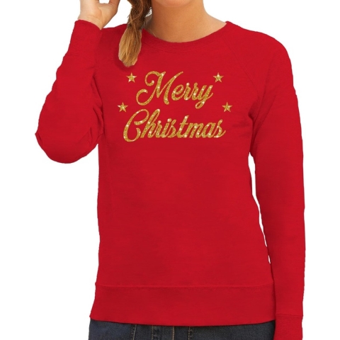 Kersttrui Merry Christmas gouden glitter letters rood dames M (38) -