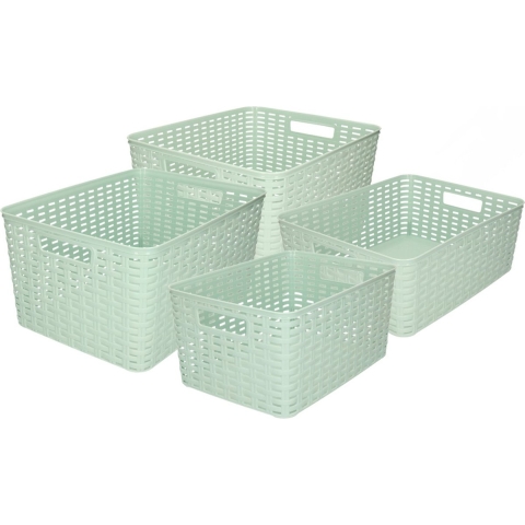 Set van 4x stuks opbergboxen/opbergmandjes rotan mintgroen kunststof -