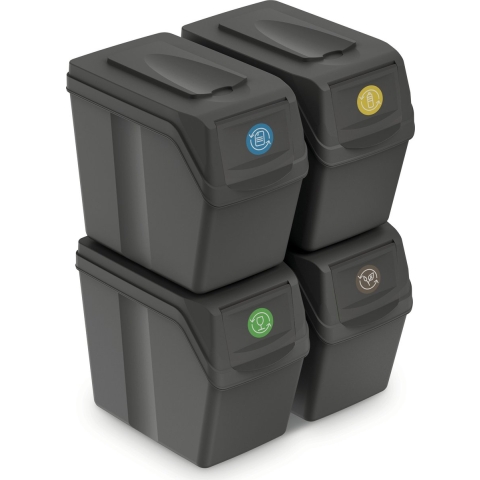 Prosperplast Afvalscheidingprullenbakken - 4x 20L - grijs - prullenbak -