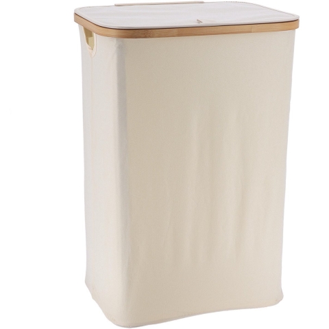 Wasmand met deksel - bamboe hout - 70 Liter- naturel wit - 60 x 40 x 30 cm - was sorteren -