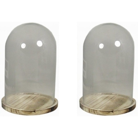 2x Glazen decoratie stolpen op houten plateau 30 cm -