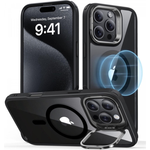 ESR Classic Hybrid HaloLock Case + Stash Stand Backcover Apple iPhone 16 Pro Max Transparant, Zwart MagSafe compatible