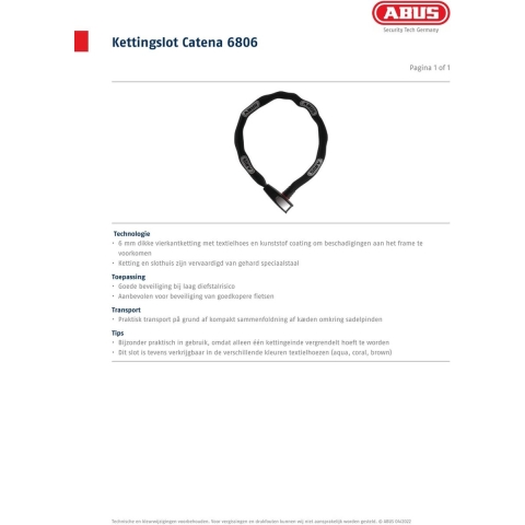 Abus Kettingslot - Catena 6806K - 85 cm - Neon Blauw - Abus - OneSize - Veiligheidsapparatuur