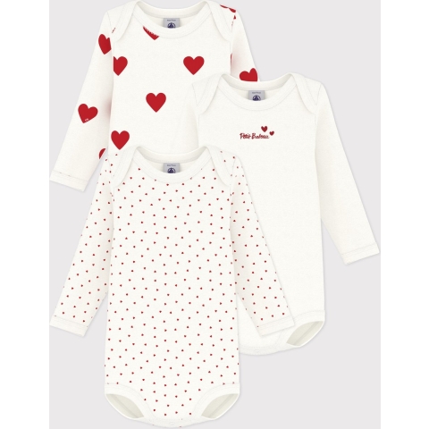 Petit Bateau Romper L/æ - 3-pack - Wit m. Harten - Petit Bateau - 6 mnd - Romper L/S