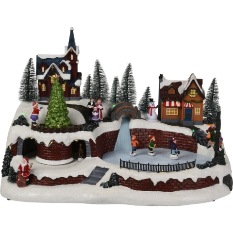 Kerstdorp kerst tafereel - schaatsbaan - met led verlichting, beweging en muziek - 41 cm -