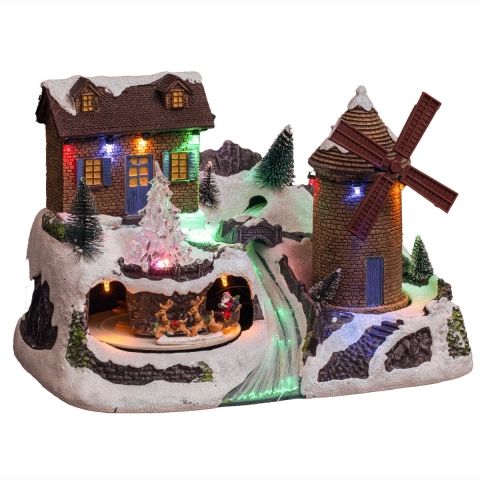 Kerstdorp kerst tafereel - geanimeerde huis en molen - met led verlichting - 31 cm -