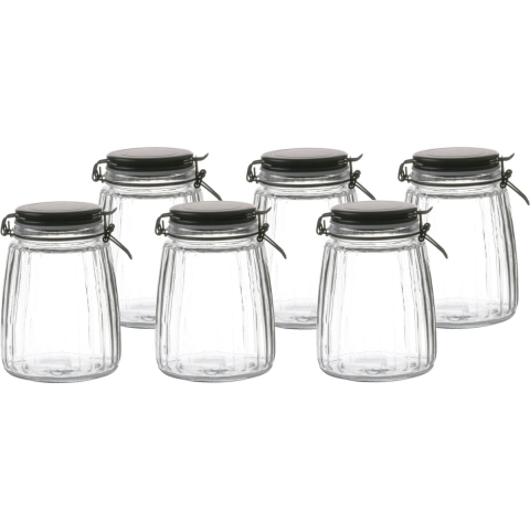 Voorraadpot/bewaarpot - 6x - 1,5L - glas - met beugelsluiting - mat zwarte deksel -
